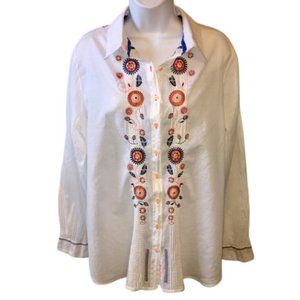 Johnny Was 3 J Workshop Button Front Shirt Embroidered  Cotton Large
